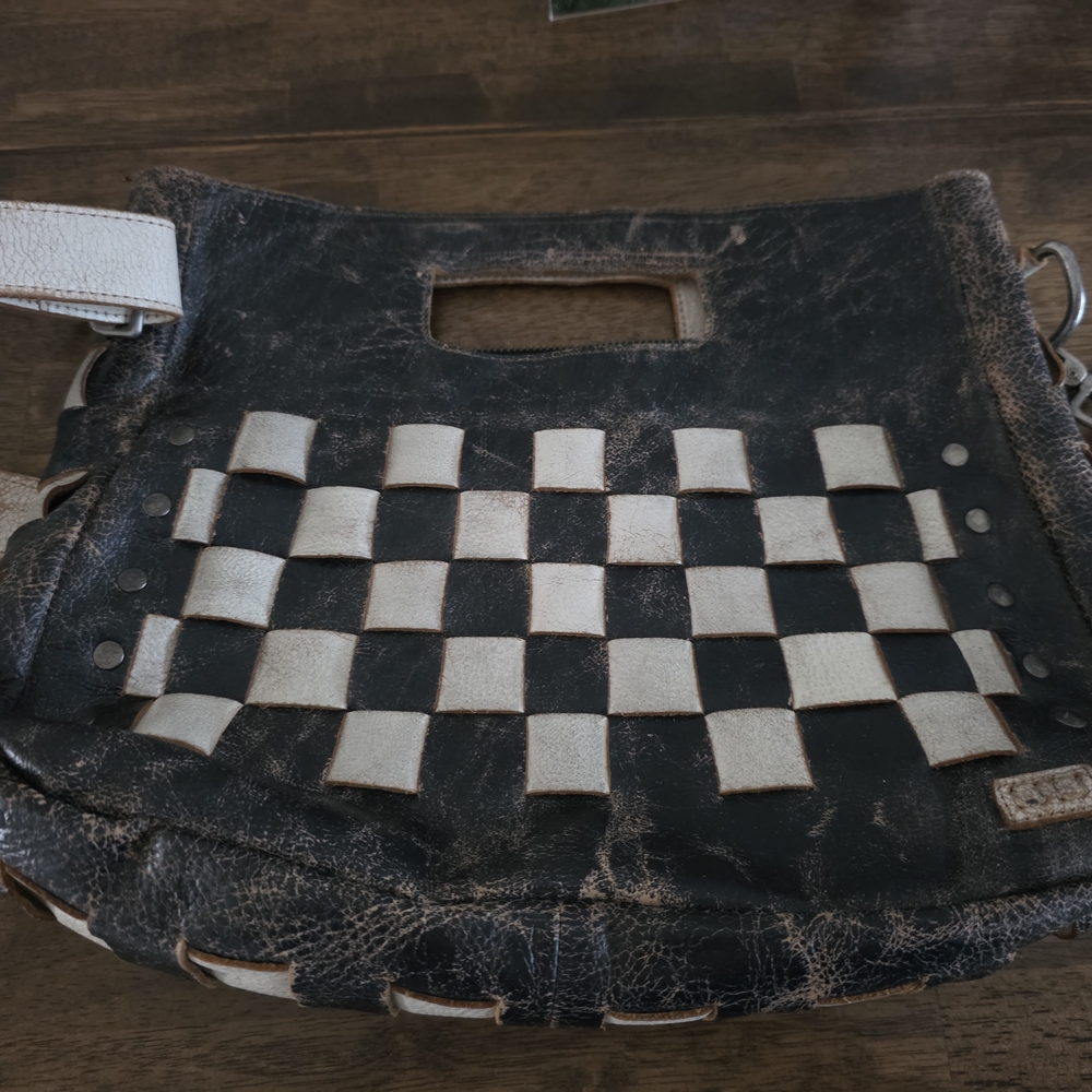 Bed Stu Black and White Crossbody Bag with Checkerboard Design